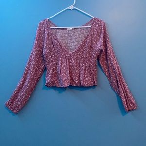 L.A. Hearts Medium Pink Crop Top Long Sleeves With Flowers And Ruching